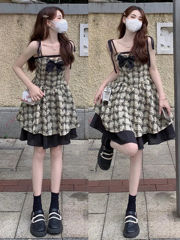 Kukombo Sling Summer Dress Vintage Plaid Lace Puffy Dress Bow Tie Sweet And Cute Casual High Waist Mini Beach Party Dress 2023 New