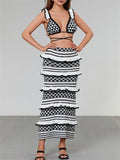 Kukombo Chic Knitted Midi Dress Sets Women Elegant Backless Ruffle Boho Skirt Sets Y2k Striped Two Piece Set 2024 Party Clubwear