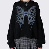 Kukombo Y2K Vintage Women Knit Sweater Tops Casual Long Sleeve Crew Neck Butterfly Pullover Warm Sweater for Fall Winter