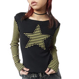 Kukombo Women Vintage Aesthetic Top Long Sleeve Star Patchwork Tight Shirts Y2k Stripe Graphic Print Fairy Grunge Top Streetwear