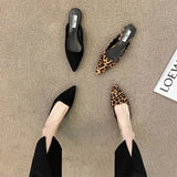 Kukombo Women Slippers Pointed Toe Leopard Design Shallow Slip on Thin Low Heels Black Flock Design Casual Mules Loafers Black Outdoor