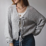 Kukombo Women Tie Front Oversized Knitted Cardigan Y2k Girls Knitwear Sweater Top Lantern Sleeve Open Front Cardigan