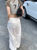 High Waist Straight Cargo Pants For Female Spring 2023 New Loose Wide Leg Pants American Street Drawstring Casual Korean Style