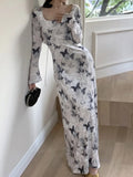 Kukombo Spring Vintage Print Velvet Long Dresses Elegant Square Neck Slim Waist Evening Club Robe Mujer Vestidos Autumn Sexy Vestidos