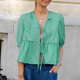 Kukombo Y2k Tie Front Peplum Short Sleeve Shirt Women Babydoll Ruffle Puff Sleeve Blouses Striped Ruffled Going Out Top