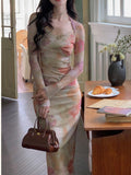 Kukombo Women Fashion Bodycon Slim Long Dresses Autumn Floral Elegant Casual One Pieces Party Evening Dress Female Chic Clothes