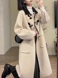 Kukombo Preppy Style Horn Button Woollen Coat Women Winter 2024 Loose Warm Casual Outerwear Long Coat Women Fashion Korean Trench Jacket