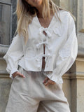 Kukombo Women Loose Long Sleeve Shirt Spring Autumn Clothes y2k Casual Heart Ruffles Tie Front Tops Basic Blouses Streetwear