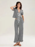 Kukombo Women Plaid 2 Piece Pajama Set Tie Front Puff Sleeve Babydoll Shirt Gingham Pants Pj Lounge Set Sleepwear Y2k Clothes