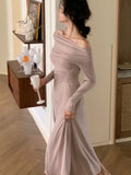 Kukombo Elegant Off Shoulder Knit Midi Dresses Women Autumn Long Sleeve Pleated Dress Slim Evening Party Female Clothing