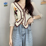 Kukombo Flower Embroidery Crochet Blouse with Chiffon Sleeve Button Front Cardigan Top Women Spring Summer Fairycore Cottagecore