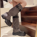 Kukombo Flats Women Mid Calf Chelsea Boots Fashion Platform Cowboy Shoes New 2024 Winter Designer Motorcycle Boots Trend Femme Zapatos