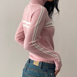 Kukombo Women Knitted Workout Jacket Lightweight Striped Print Casual Long Sleeve Zip up Cardigan for Outwear Streetwear