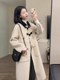 Kukombo Preppy Style Horn Button Woollen Coat Women Winter 2024 Loose Warm Casual Outerwear Long Coat Women Fashion Korean Trench Jacket