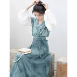 2024 Autumn Elegant Blue Bamboo Printed Long Sleeves Hanfu Dresses 3pcs Women's Improved Modern Casual Clothes Vestidos Chinos