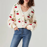 Kukombo Y2k Embroidery Cherry Cardigan Women 2024 Winter Fashion Patchwork Long Sleeve Short Cardigan Street Casual Knitwear Sweater