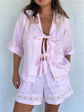 Kukombo Y2k Bow Tie-up High Street Two Piece Set Women Lapel Long Sleeve Shirt Tops&Shorts Suit Club Hollow Out Lace Solid Outfits Pink