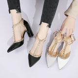 Kukombo 2023 Summer Shoes High Heels T Strap Rivet Pumps chunky Heels Sandal Patent Leather Dress Shoes White wedding Women heels