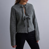 Kukombo Women's Knit Sweater Long Sleeve Crew Neck Bow Tie Front Solid Color Cardigan Hollow Out Sweater Winter Fall Streetwear