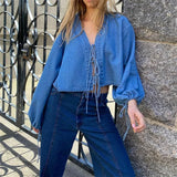 Kukombo Women's Tie Front Denim Jacket Long Sleeve Casual Loose Fit Tie Bow Jean Coat Lightweight Fall Denim Shirt Outfit Streetwear