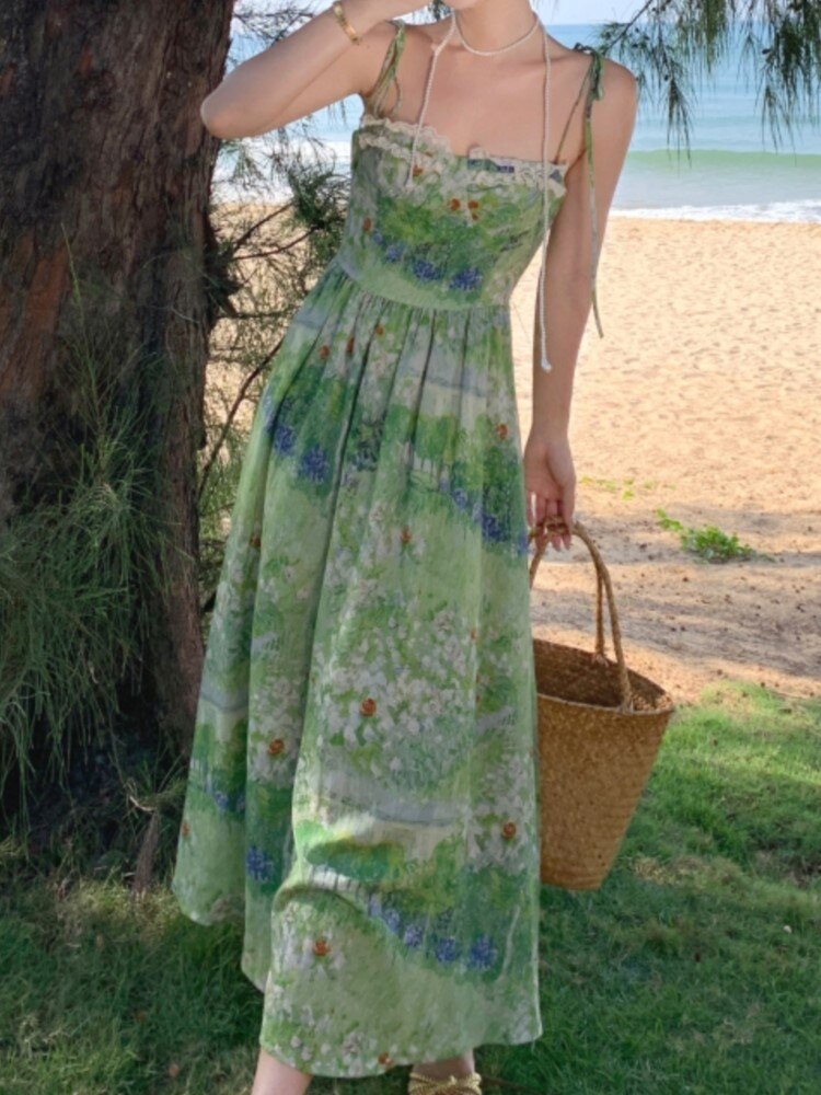 Kukombo Spaghetti Strap Floral Print Casual Women Summer Dress Sleeveles Beach Holiday Boho Maxi Vestidos Female Fashion Clothings