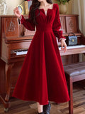 Kukombo Autumn Women Fashion Elegant Casual Red Dress Long Sleeve Vintage A-Line Wedding Party Robe Female Prom Birthday Vestidos New