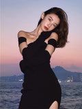 Kukombo Women Sexy Split Off Shoulder Knitted Black Dress Summer New Fashion Female Club Party Y2K Bodycon Harajuku Clothing