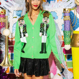 Kukombo Women Christmas Sequin Nutcracker Cardigan Sweater Open Front V Neck Button Down Sweater Xmas Knit Cardigan Tops