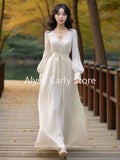 Kukombo Solid Elegant Long Fairy Dress Women 2024 Spring Fashion Vintage Korean Dress Female Casual Office Lady Party Sexy Dress V-neck