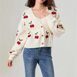 Kukombo Y2k Embroidery Cherry Cardigan Women 2024 Winter Fashion Patchwork Long Sleeve Short Cardigan Street Casual Knitwear Sweater
