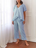 Kukombo Women Plaid 2 Piece Pajama Set Tie Front Puff Sleeve Babydoll Shirt Gingham Pants Pj Lounge Set Sleepwear