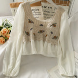 Kukombo Crochet Top with Chiffon Flower Embroidery Long Sleeve Square-neck Fake Two-Piece Blouse Spring Summer Fairycore Cottagecore