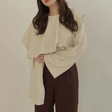 Kukombo Women Ruffle T Shirts Korean Elegant All Match Female Loose Long Sleeve Tops Fashion Patchwork Casual Tees Spring New