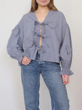 Kukombo Women Loose Long Sleeve Shirt Spring Autumn Clothes y2k Casual Heart Ruffles Tie Front Tops Basic Blouses Streetwear