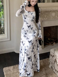 Kukombo Spring Vintage Print Velvet Long Dresses Elegant Square Neck Slim Waist Evening Club Robe Mujer Vestidos Autumn Sexy Vestidos