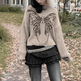 Kukombo Y2K Vintage Women Knit Sweater Tops Casual Long Sleeve Crew Neck Butterfly Pullover Warm Sweater for Fall Winter