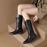 Kukombo Vintage Embroidered Western Women Cowboy Boots Winter 2023 Chunky Heel Shoes Fashion Pointed Toe Mid-Calf Knight's Boots