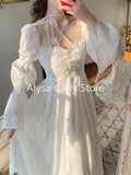 Kukombo 2024 Spring Elegant Chiffon Fairy Dress Women White Floral Sweet Korean Midi Dress Female Casual Vintage Evening Party Dress Y2k