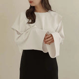 Kukombo Women Ruffle T Shirts Korean Elegant All Match Female Loose Long Sleeve Tops Fashion Patchwork Casual Tees Spring New