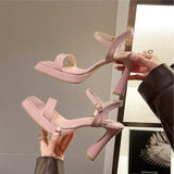Kukombo New Summer Sandals Ladies Ankle Strap Heeled Sandals Women Fashion Square Toe Platform High Heels Woman Buckle Sandals Shoes