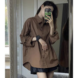 Kukombo Korean Women Streetwear Shirts Fashion All Match Female Loose Long Sleeve Top Casual Buttons Solid Coffee Shirt Spring New