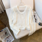 Kukombo Crochet Top for Women Long Sleeve O-Neck Regular Fit Pullover Cover Up Spring Summer Y2K Outfit