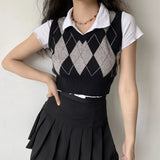 Kukombo Argyle Knit Vest Top Women V-neck Sleeveless Crop Sweater Vest Schoolgirl Y2k 90s Preppy Cottagecore Outfit