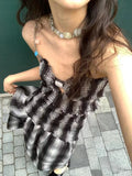 Plaid Dress Vintage Sleeveless Slash Neck A-Line Off Shoulder Fashion Beach Dress Summer Chic Street Pleated Dress