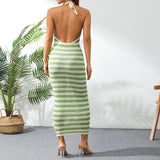 Kukombo Crochet Maxi Dress Striped Open Knit Halter Tie Neck Backless Tie Long Dress Resort Summer Vacation Beach Wear