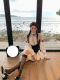 England Style Bow Dress Sets Lace With Sleeves Stand Collar Dress Ruffles Slim Elegant Midi Women's Dress 2023 Kawaii Vintage