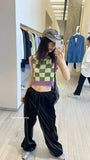 Kukombo Checkerboard Knit Tank Top for Women Contrast Color Crew Neck Sleeveless Crop Sweater Vest Teengirl 90s Y2K Spring Summer Outfit