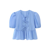 Kukombo Women's Summer Babydoll T-Shirt Solid Stripe Short Puff Sleeve Round Neck Tie-Up Front Peplum Tops blusa mujer moda