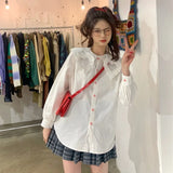 Spring Autumn Japanese Soft Girls Cute Lace Collar Rabbit Embroidery Shirt White Lovely Lolita Top Casual Women's Blouse Loose