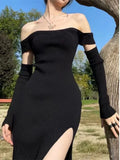 Kukombo Women Sexy Split Off Shoulder Knitted Black Dress Summer New Fashion Female Club Party Y2K Bodycon Harajuku Clothing